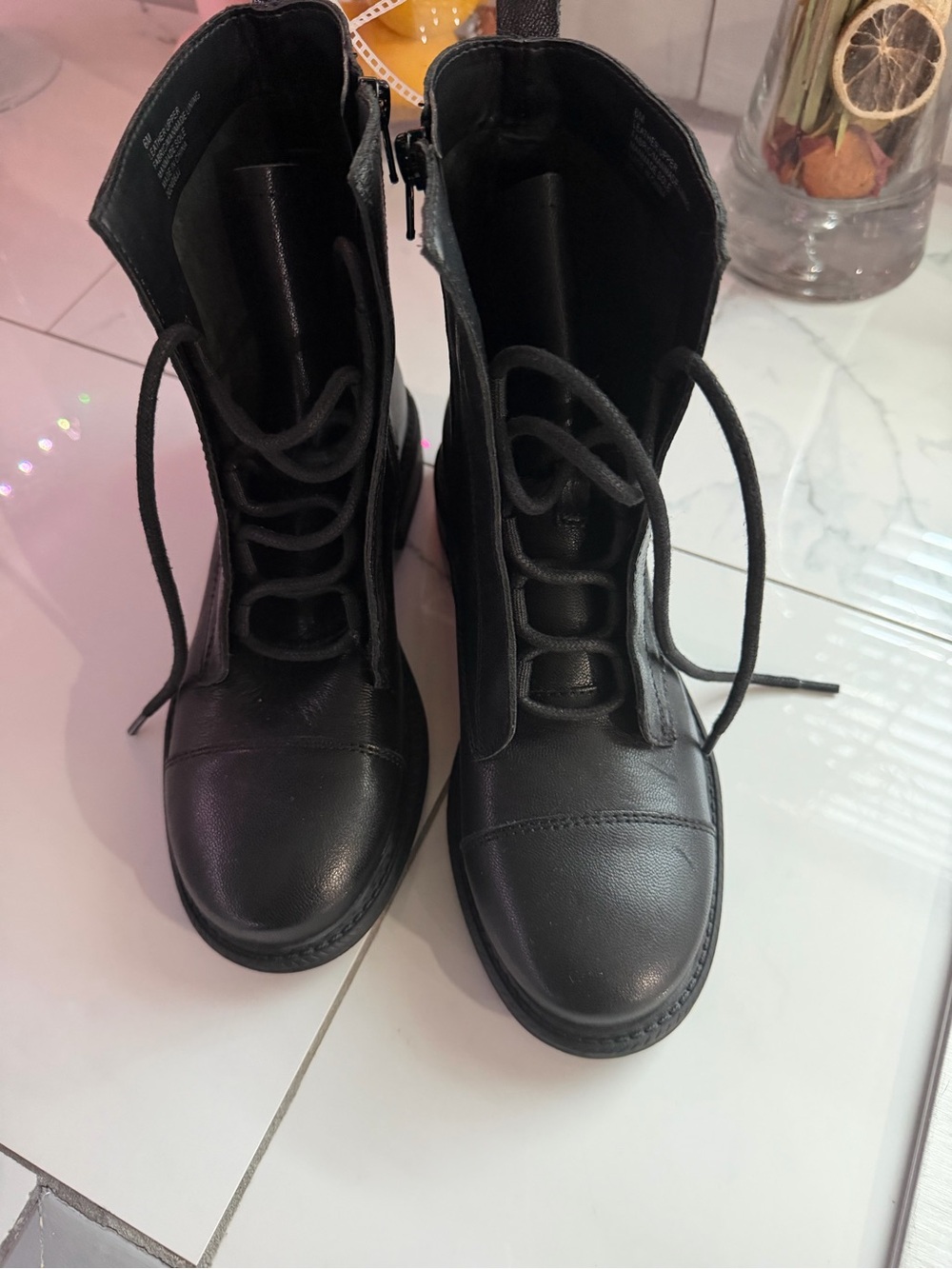 Chelsea & Violet Black Lace-Up Combat Boots with Side Zip